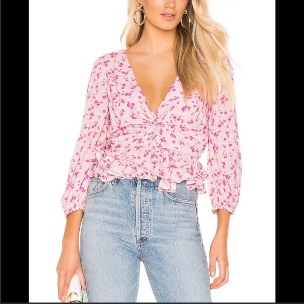 Majorelle Chrissy Mauve Pink Ditsy floral blouse from Revolve